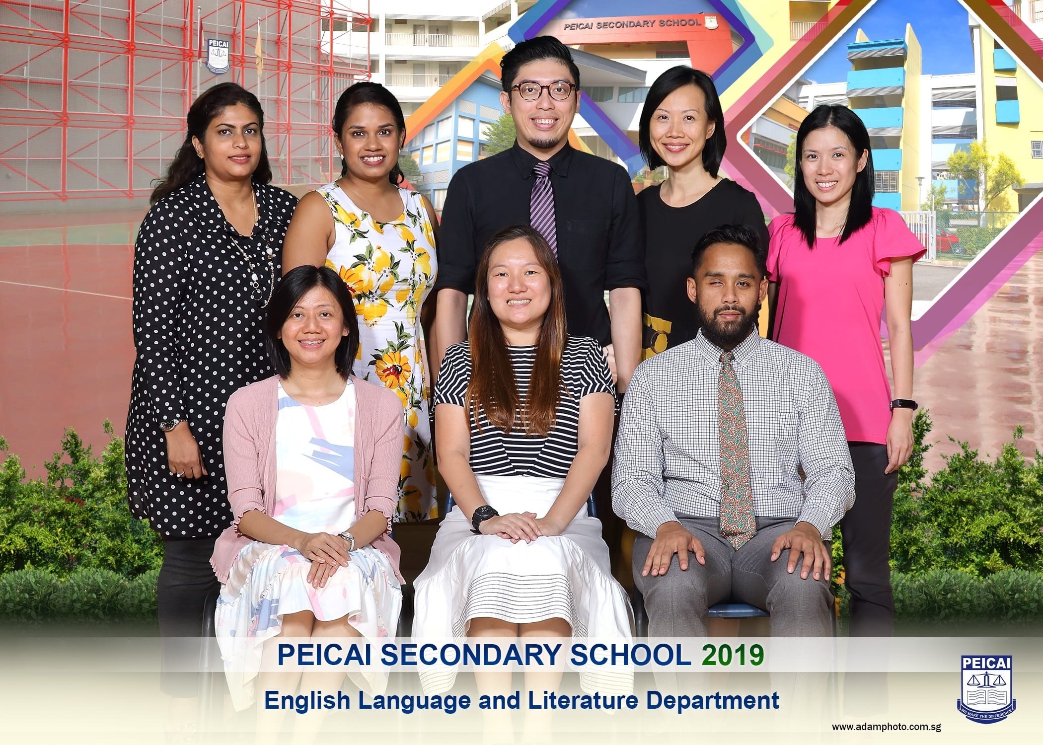 Eight staff members pose for the Peicai Secondary School 2019 English Language and Literature Department group photo.